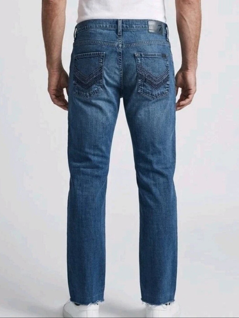 7 For All Mankind Jeans Men 32 Blue Slouchy Denim Distressed Fray Button Fly USA